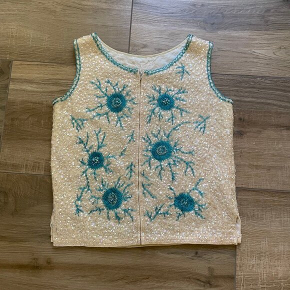 Vintage Beaded Sequin Top Womens Large Cream Blue Ocean Cell 60s Mad Men Mermaid - Picture 7 of 15